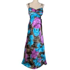 Vintage Y2K Ignite Evenings Floral Charmeuse Maxi Dress Beaded Bodice Size 12